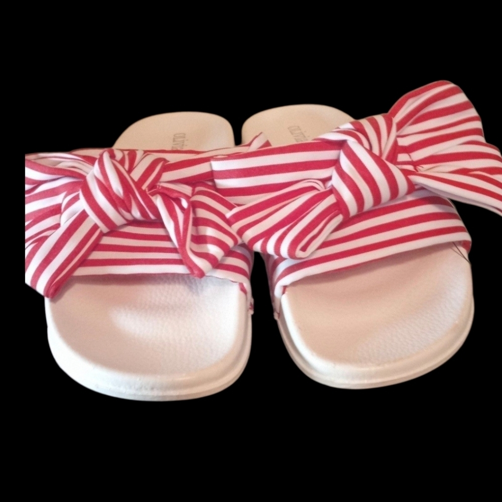Olivia Miller Red and White Stripes Slip-On Low Wedge Sandals Women Size 6 - Picture 8 of 16